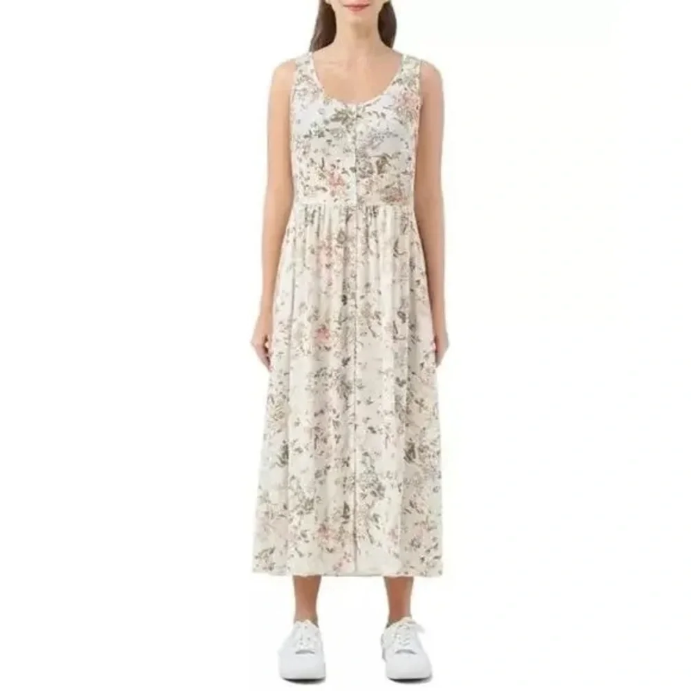 Frye Floral Button Front Sleeveless Midi Dress‎ in White Folk Garden - Picture 2 of 6